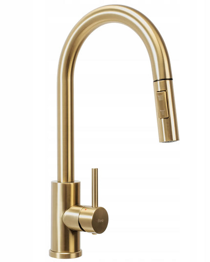 Auksinis virtuvinis maišytuvas REA FRESH GOLD su ištraukiamu snapeliu, aukštas 39,5 cm