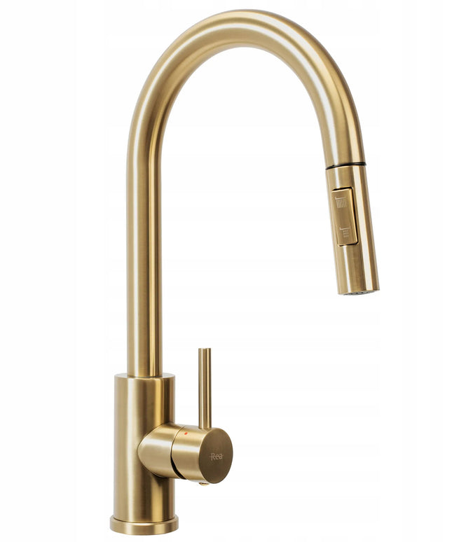 Auksinis virtuvinis maišytuvas REA FRESH GOLD su ištraukiamu snapeliu, aukštas 39,5 cm