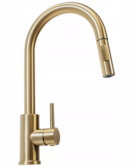 Auksinis virtuvinis maišytuvas REA FRESH GOLD su ištraukiamu snapeliu, aukštas 39,5 cm