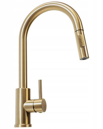 Auksinis virtuvinis maišytuvas REA FRESH GOLD su ištraukiamu snapeliu, aukštas 39,5 cm