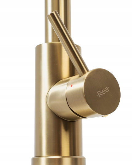 Auksinis virtuvinis maišytuvas REA FRESH GOLD su ištraukiamu snapeliu, aukštas 39,5 cm