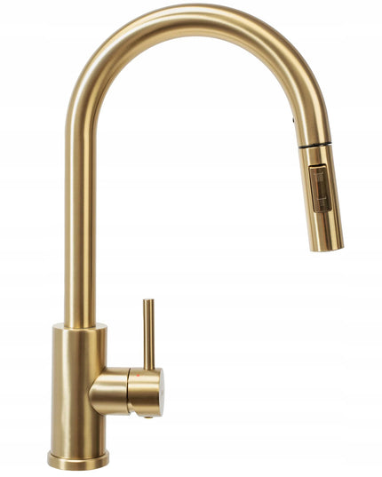 Auksinis virtuvinis maišytuvas REA FRESH GOLD su ištraukiamu snapeliu, aukštas 39,5 cm