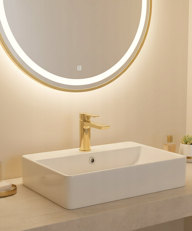 Žemas REA ARGUS GOLD auksinis blizgus modernus praustuvo maišytuvas