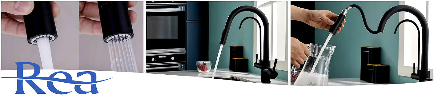 Maišytuvas virtuvinis REA ECO FRESH su dviem čiaupais juodas su ištraukiama maišytuvo galvute