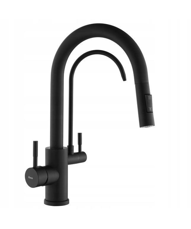 Maišytuvas virtuvinis REA ECO FRESH su dviem čiaupais juodas su ištraukiama maišytuvo galvute