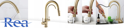 Auksinis virtuvės maišytuvas REA ECO FRESH su vandens filtru, dviejų čiaupų, matinė apdaila