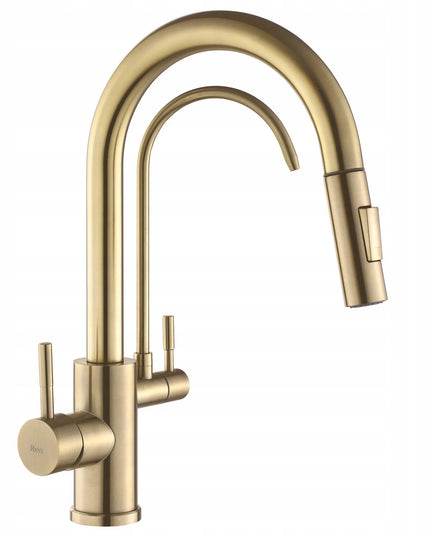 Auksinis virtuvės maišytuvas REA ECO FRESH su vandens filtru, dviejų čiaupų, matinė apdaila