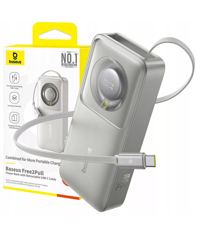 SAUGUS BASEUS 10000mAh 30W USB-C IŠORINĖ BATERIJA + INTEGRUOTAS 70CM USB-C KABELIS