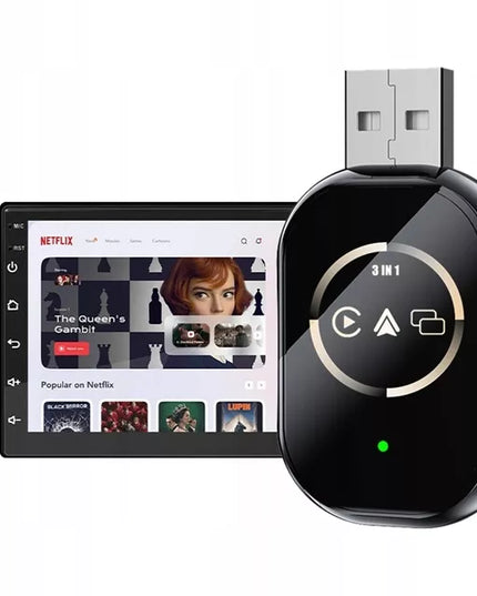 Belaidis automobilinis adapteris Android Auto Apple CarPlay 3in1 Netflix