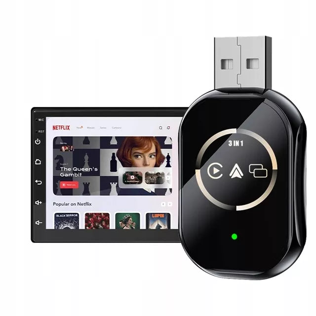 Belaidis automobilinis adapteris Android Auto Apple CarPlay 3in1 Netflix