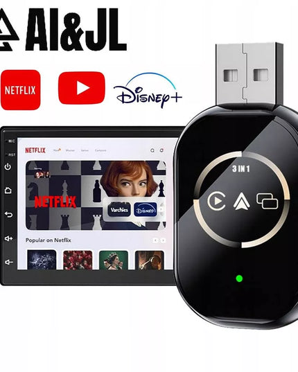 Belaidis automobilinis adapteris Android Auto Apple CarPlay 3in1 Netflix