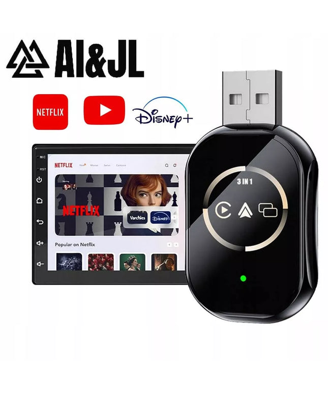 Belaidis automobilinis adapteris Android Auto Apple CarPlay 3in1 Netflix