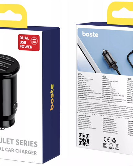 BOSTE SAUGUS AUTOMOBILINIS ĮKROVIKLIS, DU USB-A PRIEVADAI, 15.5W, UNIVERSALUS