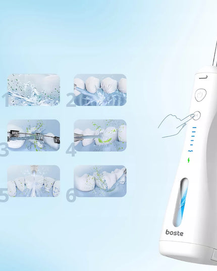 Boste M1 belaidis burnos irigatorius, 6 režimai, 4 antgaliai, 240 ml, baltas