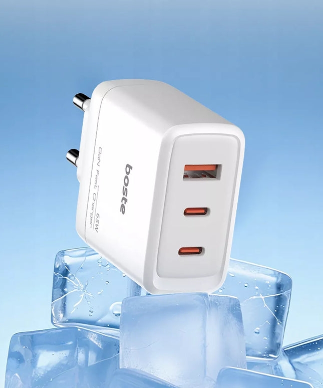 Boste tinklo įkroviklis, 3 prievadai, USB-C, USB-A, 65W, QC, PD, saugus maitinimo adapteris