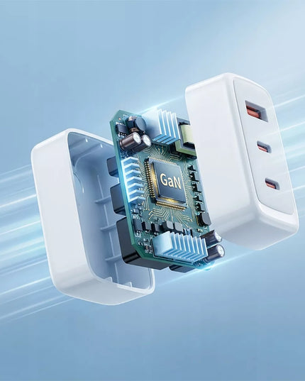 Boste tinklo įkroviklis, 3 prievadai, USB-C, USB-A, 65W, QC, PD, saugus maitinimo adapteris