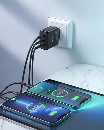 Boste tinklo įkroviklis, 3 prievadai USB-C USB-A 65W QC PD saugus maitinimo blokas
