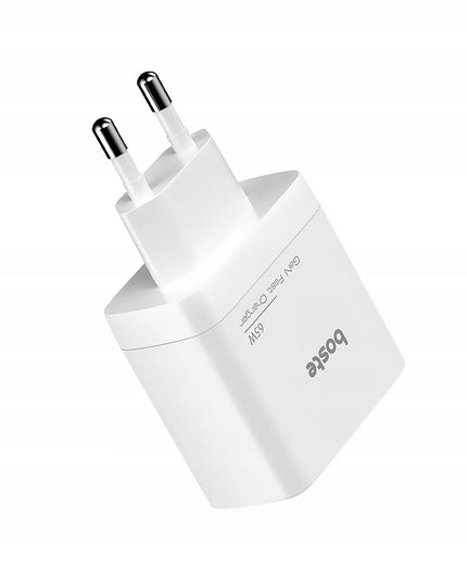 Boste tinklo įkroviklis, 3 prievadai, USB-C, USB-A, 65W, QC, PD, saugus maitinimo adapteris