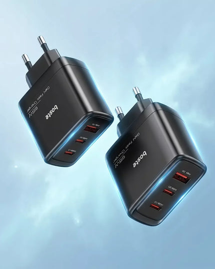 Boste tinklo įkroviklis, 3 prievadai USB-C USB-A 65W QC PD saugus maitinimo blokas