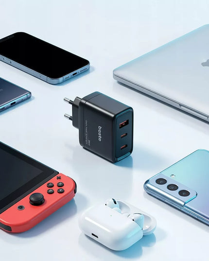 Boste tinklo įkroviklis, 3 prievadai USB-C USB-A 65W QC PD saugus maitinimo blokas