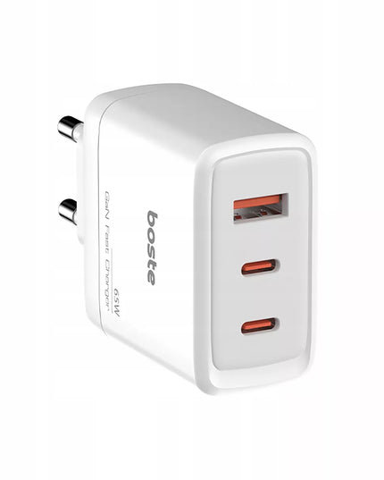 Boste tinklo įkroviklis, 3 prievadai, USB-C, USB-A, 65W, QC, PD, saugus maitinimo adapteris