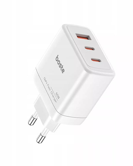 Boste tinklo įkroviklis, 3 prievadai, USB-C, USB-A, 65W, QC, PD, saugus maitinimo adapteris
