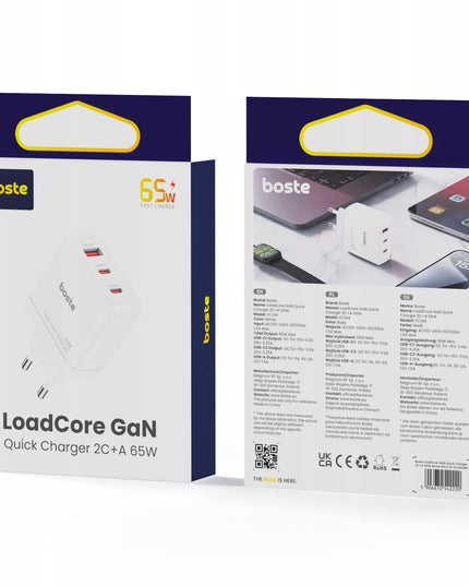 Boste tinklo įkroviklis, 3 prievadai, USB-C, USB-A, 65W, QC, PD, saugus maitinimo adapteris