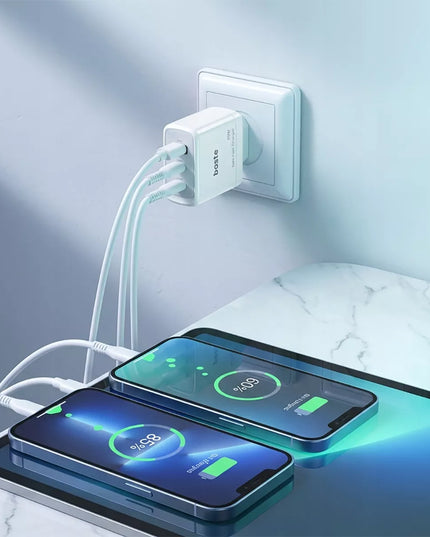 Boste tinklo įkroviklis, 3 prievadai, USB-C, USB-A, 65W, QC, PD, saugus maitinimo adapteris
