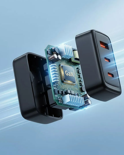 Boste tinklo įkroviklis, 3 prievadai USB-C USB-A 65W QC PD saugus maitinimo blokas