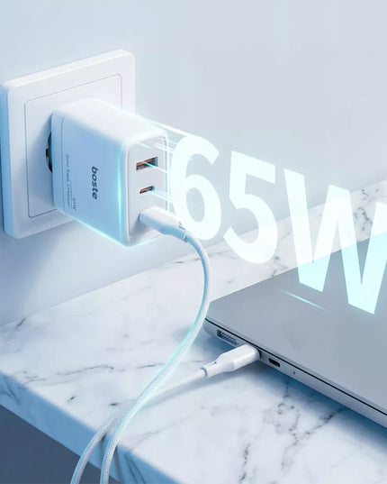 Boste tinklo įkroviklis, 3 prievadai, USB-C, USB-A, 65W, QC, PD, saugus maitinimo adapteris