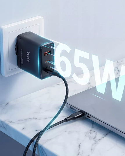 Boste tinklo įkroviklis, 3 prievadai USB-C USB-A 65W QC PD saugus maitinimo blokas