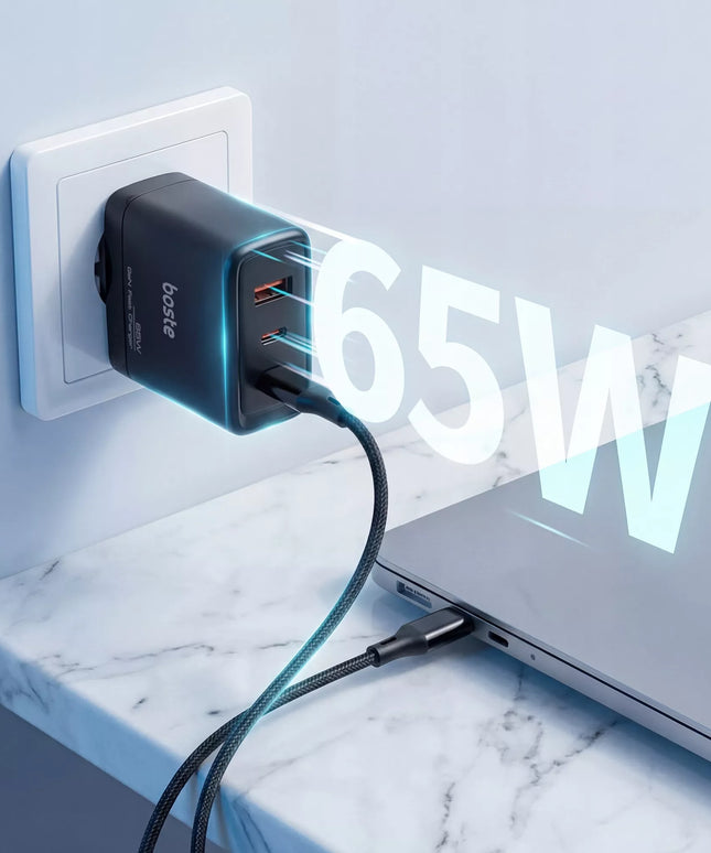 Boste tinklo įkroviklis, 3 prievadai USB-C USB-A 65W QC PD saugus maitinimo blokas