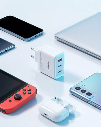 Boste tinklo įkroviklis, 3 prievadai, USB-C, USB-A, 65W, QC, PD, saugus maitinimo adapteris