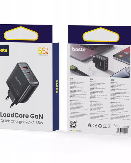 Boste tinklo įkroviklis, 3 prievadai USB-C USB-A 65W QC PD saugus maitinimo blokas
