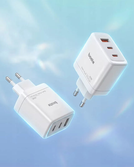 Boste tinklo įkroviklis, 3 prievadai, USB-C, USB-A, 65W, QC, PD, saugus maitinimo adapteris