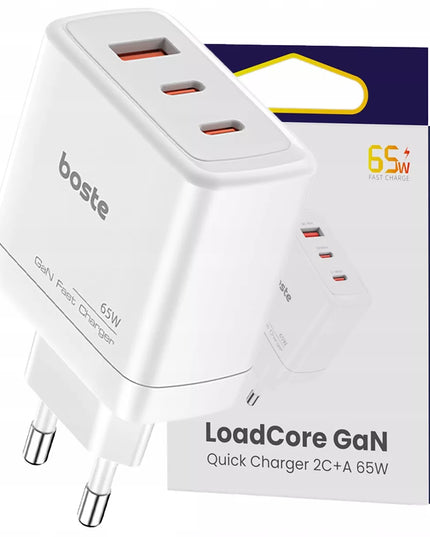 Boste tinklo įkroviklis, 3 prievadai, USB-C, USB-A, 65W, QC, PD, saugus maitinimo adapteris