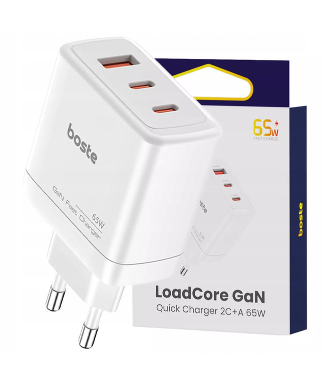Boste tinklo įkroviklis, 3 prievadai, USB-C, USB-A, 65W, QC, PD, saugus maitinimo adapteris