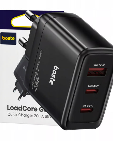 Boste tinklo įkroviklis, 3 prievadai USB-C USB-A 65W QC PD saugus maitinimo blokas