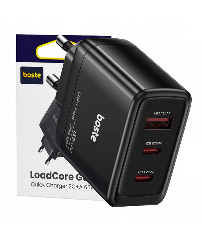 Boste tinklo įkroviklis, 3 prievadai USB-C USB-A 65W QC PD saugus maitinimo blokas