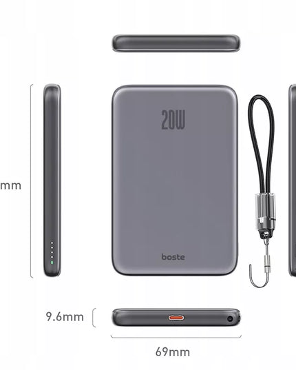 BOSTE IŠORINĖ BATERIJA (POWER BANK) SU MAGSAFE BELAIDŽIU ĮKROVIMU IR PD 20W USB-C KABELIU