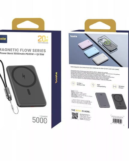 BOSTE IŠORINĖ BATERIJA (POWER BANK) SU MAGSAFE BELAIDŽIU ĮKROVIMU IR PD 20W USB-C KABELIU