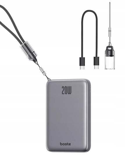 BOSTE IŠORINĖ BATERIJA (POWER BANK) SU MAGSAFE BELAIDŽIU ĮKROVIMU IR PD 20W USB-C KABELIU