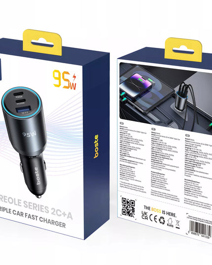 BOSTE greitas galingas automobilinis įkroviklis USB-A USB-C 95W universalus QC PD