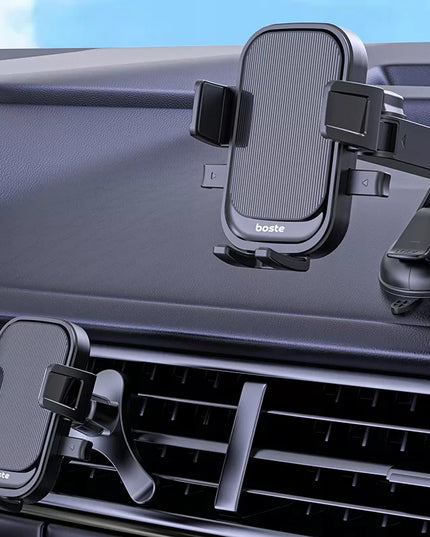 BOSTE automatinis automobilinis telefono laikiklis, stabilus, tvirtinamas prie prietaisų skydelio arba grotelių