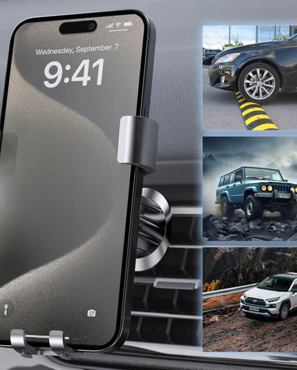 Boste gravitacinis automobilinis telefono laikiklis ventiliacijos grotelėms