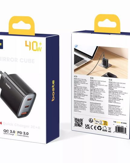 BOSTE universalus tinklo įkroviklis telefonui 2xUSB-C USB-A 40W GaN - CE