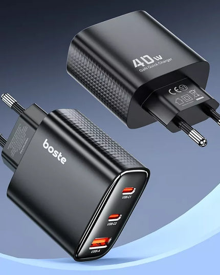 BOSTE universalus tinklo įkroviklis telefonui 2xUSB-C USB-A 40W GaN - CE