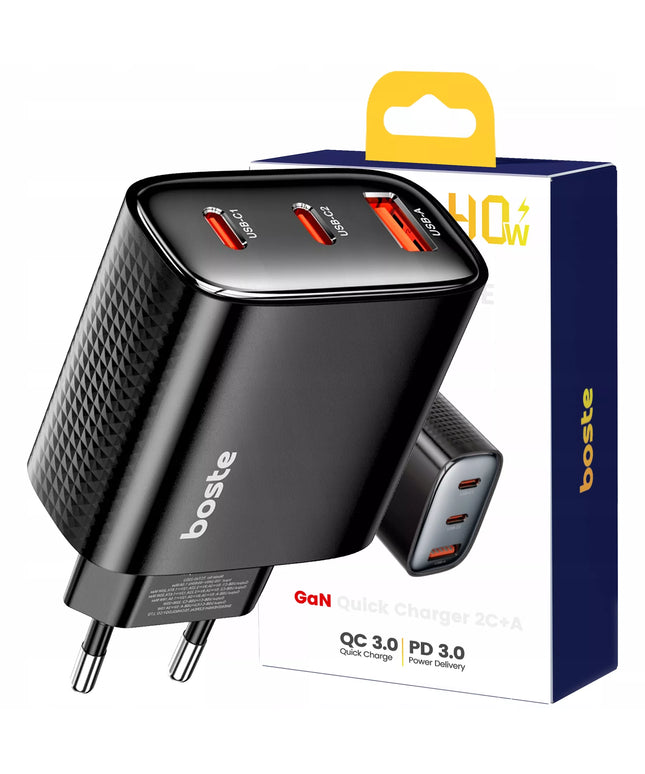 BOSTE universalus tinklo įkroviklis telefonui 2xUSB-C USB-A 40W GaN - CE
