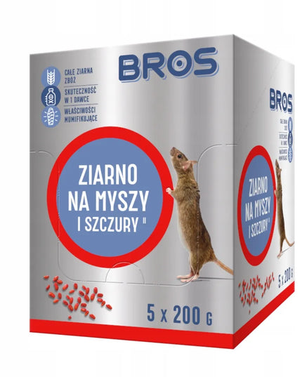 BROS grūdų masalas pelėms ir žiurkėms, 5 × 200 g, namams, garažui ir rūsiui