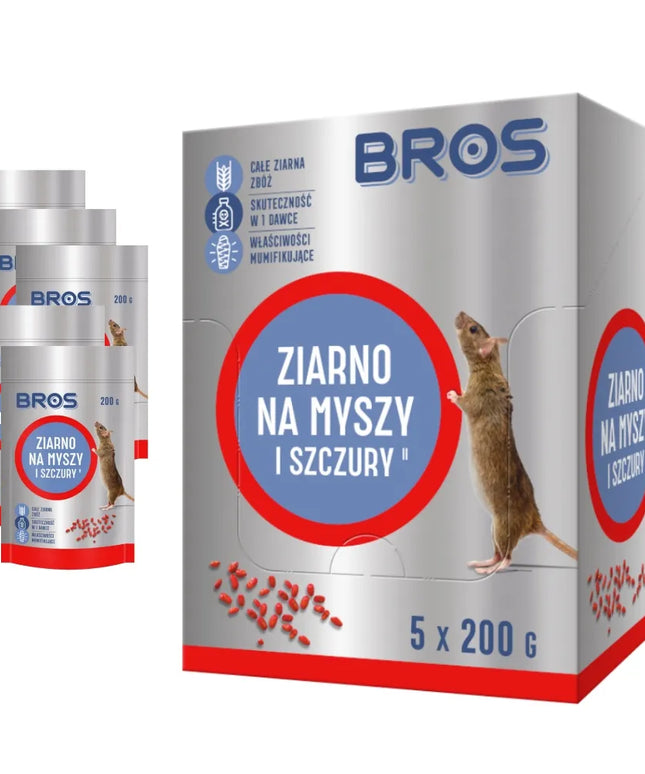 BROS grūdų masalas pelėms ir žiurkėms, 5 × 200 g, namams, garažui ir rūsiui